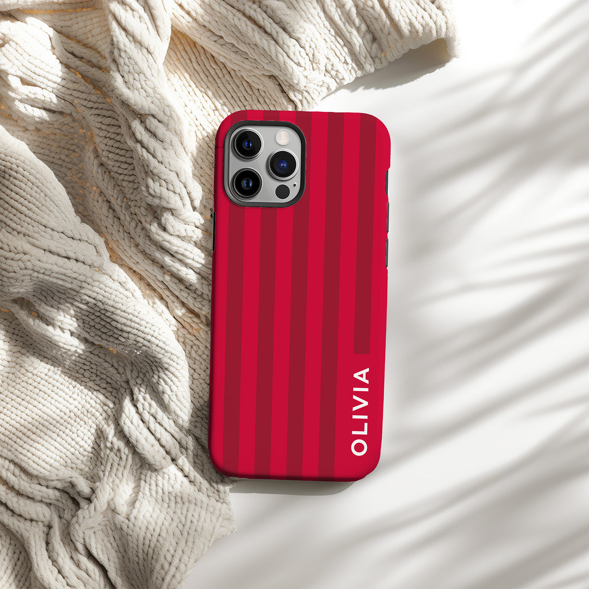 Classic stripes phone case in tone on tone Crimson.