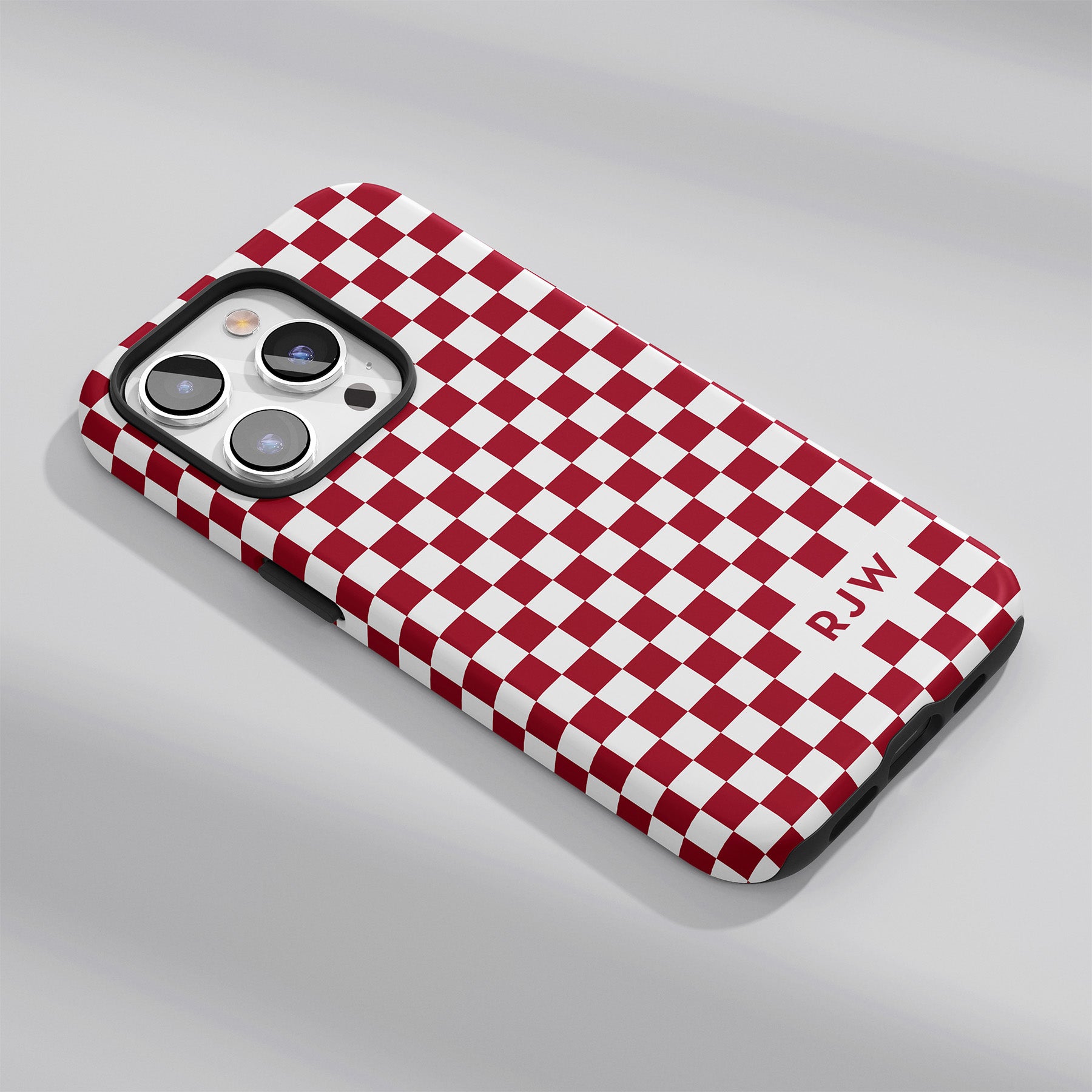 Classic checkered pattern in Crimson and White with space for monogramming and customization.