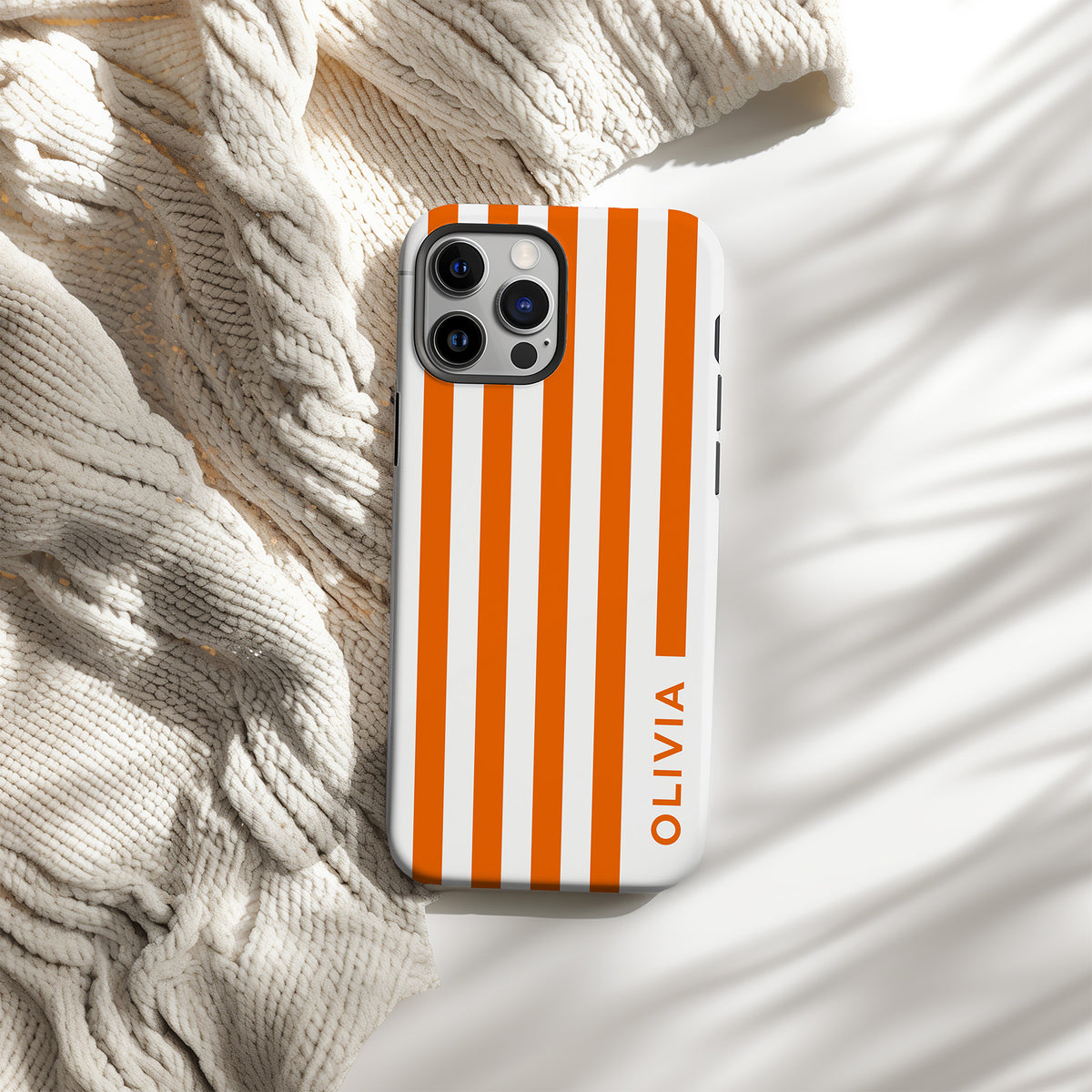 Personalizable orange and white wide striped phone case for Auburn fans – a fun, classic preppy design that adds timeless style and a personalized touch to your Tiger spirit!