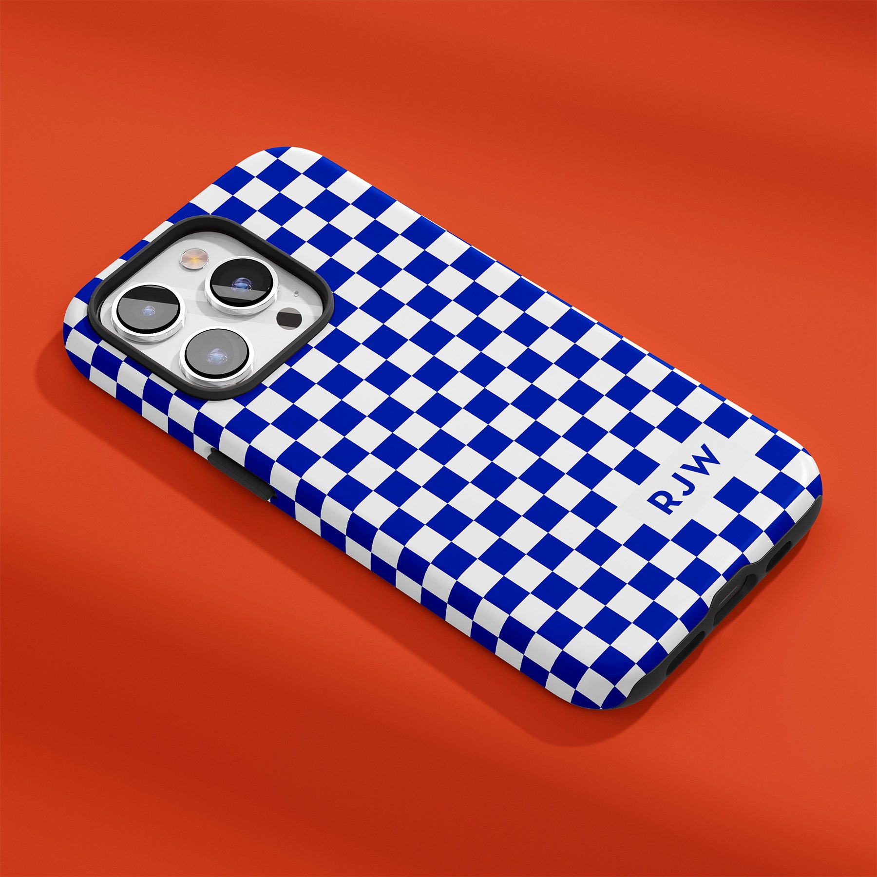 Personalizable blue and white checkered phone case for University of Florida fans – add your name or initials for a unique Gator spirit accessory!