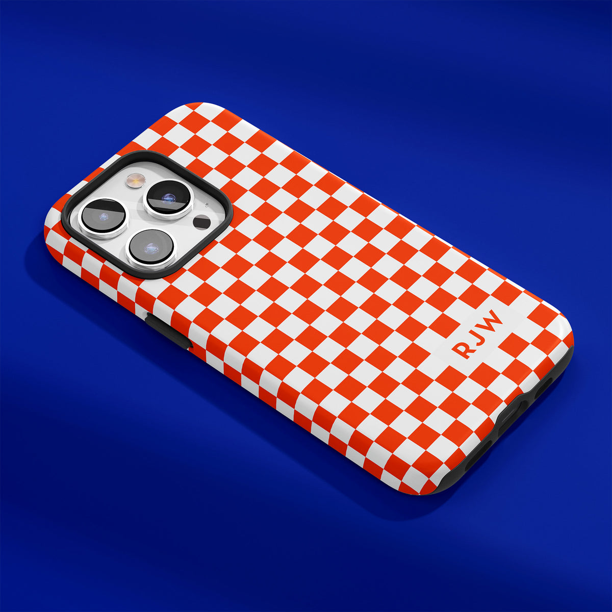 Personalizable orange and white checkered phone case for University of Florida fans – add your name or initials for a unique Gator spirit accessory!