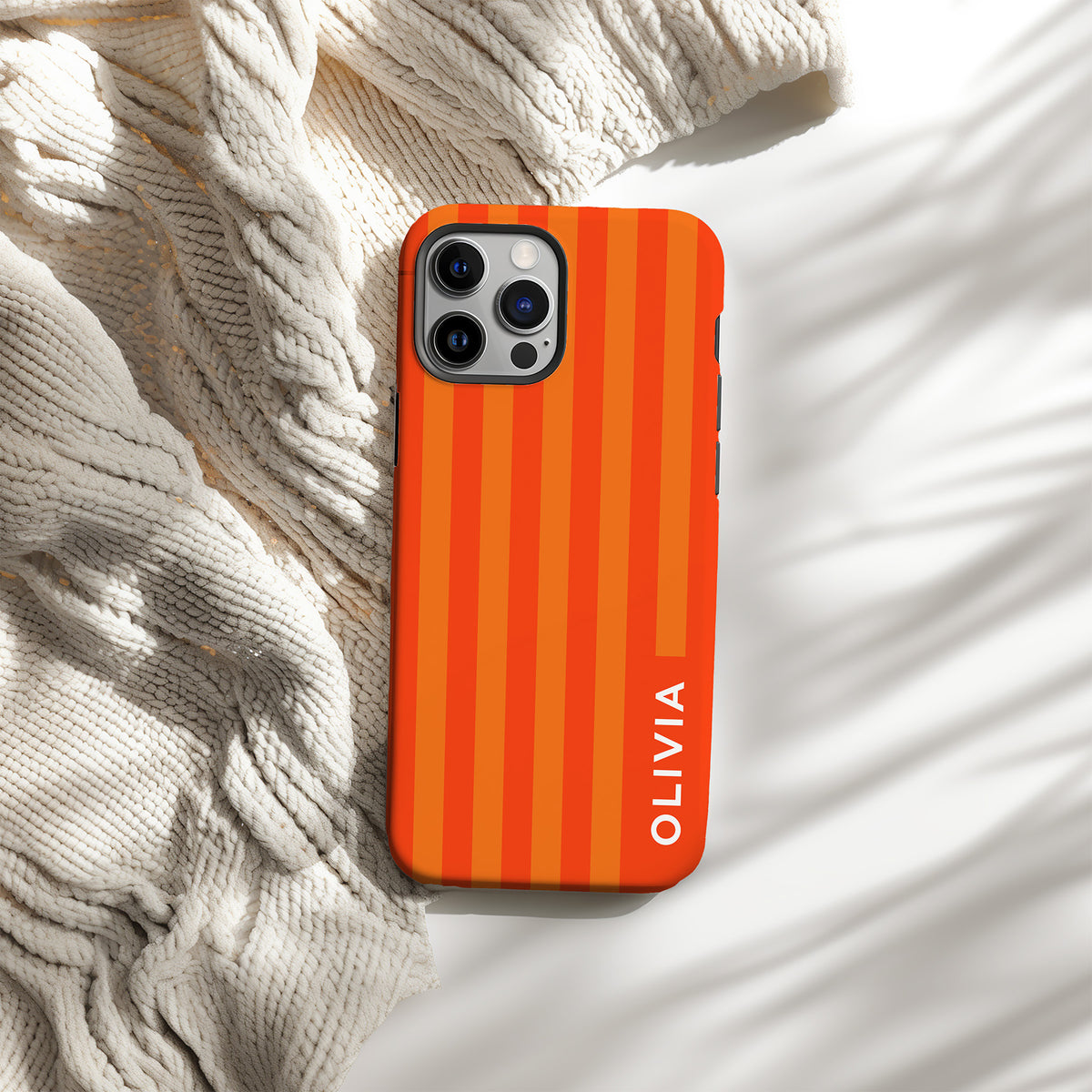 Personalizable orange and white wide striped phone case for University of Florida fans – a fun, classic preppy design that adds timeless style and a personalized touch to your Gator spirit!&quot;