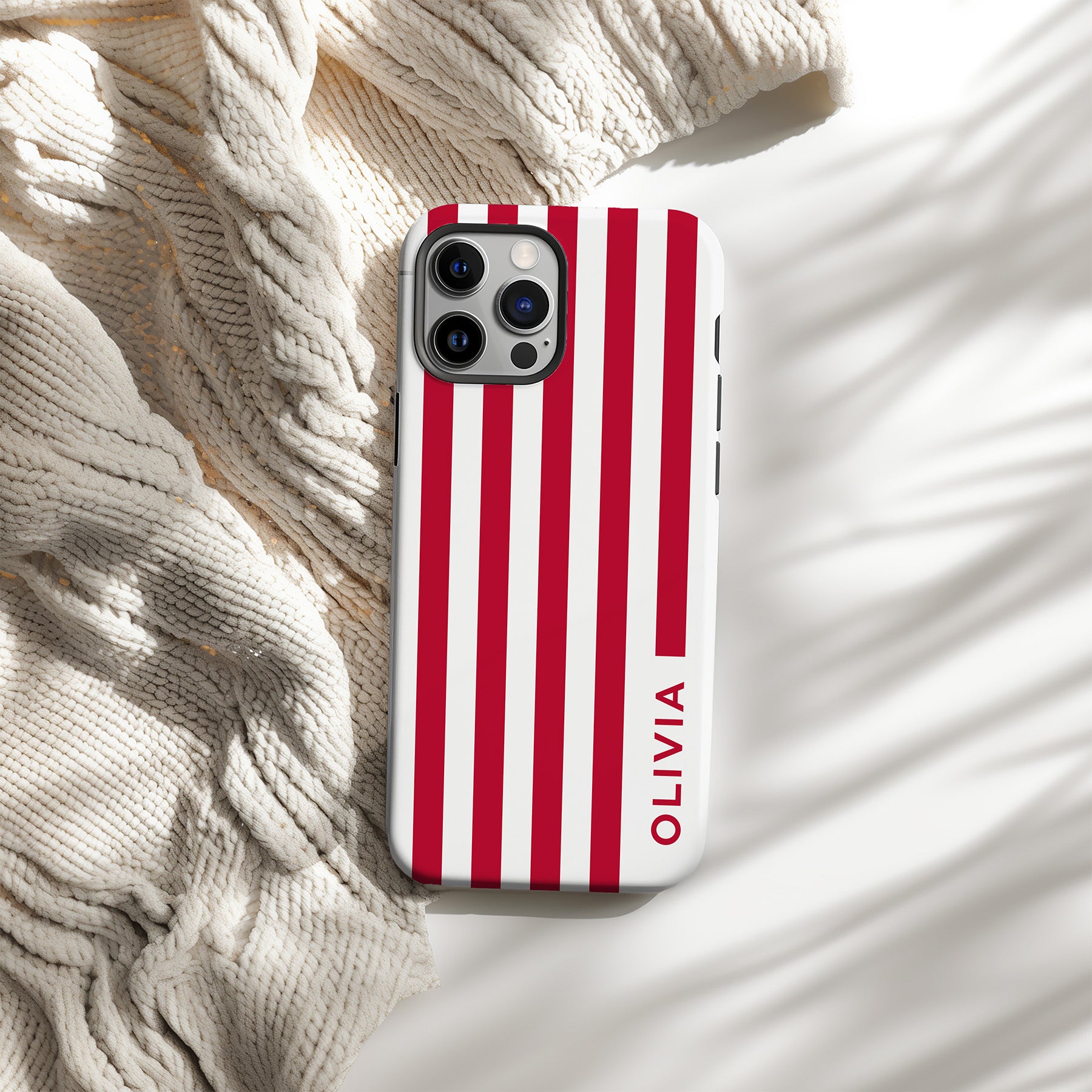 Personalizable Athens Red and white wide striped phone case for University of Georgia fans – a fun, classic preppy design that adds timeless style and a personalized touch to your Bulldog spirit!