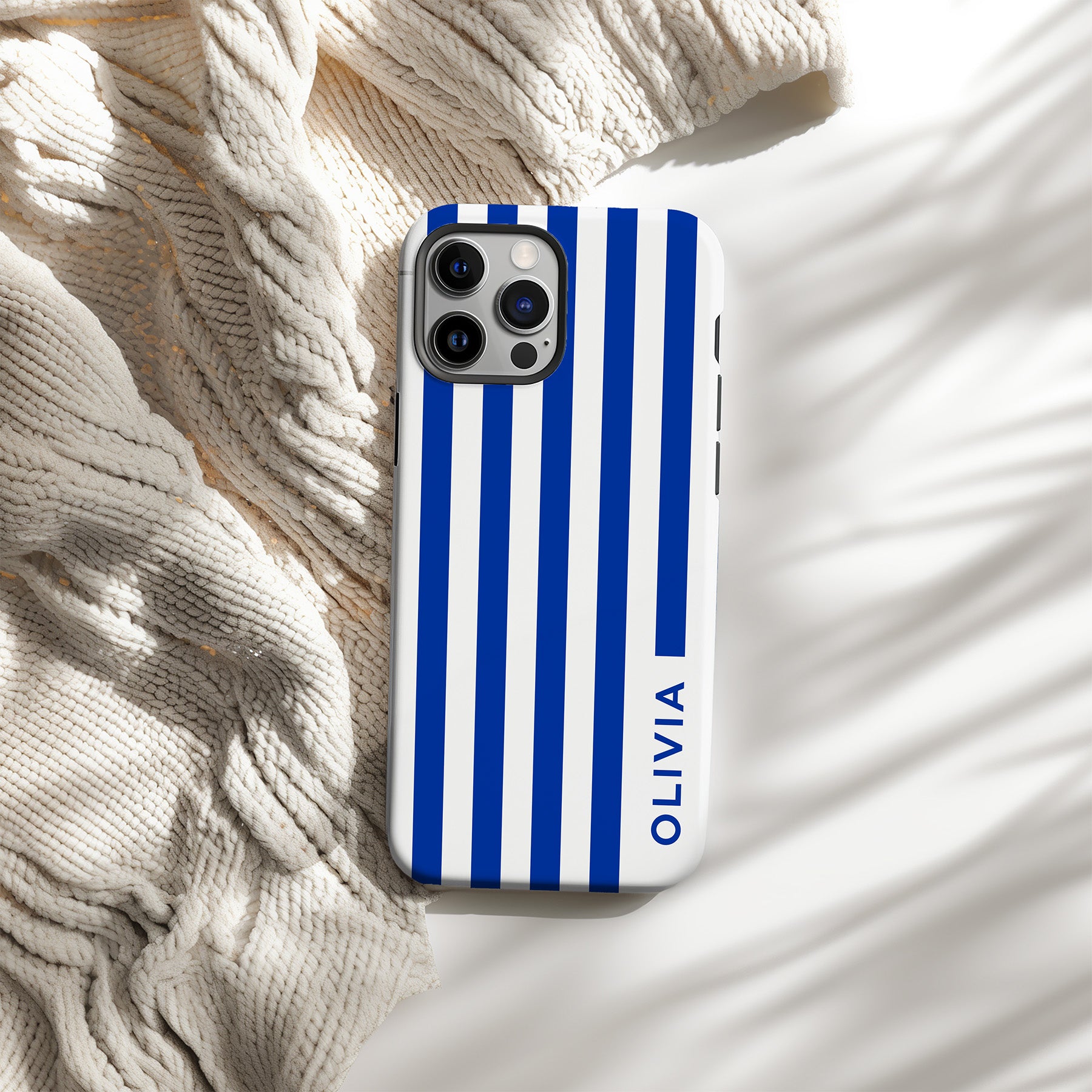 Personalizable blue and white wide striped phone case for Kentucky fans – a classic preppy design that brings timeless style and a personalized touch to your Wildcat spirit!