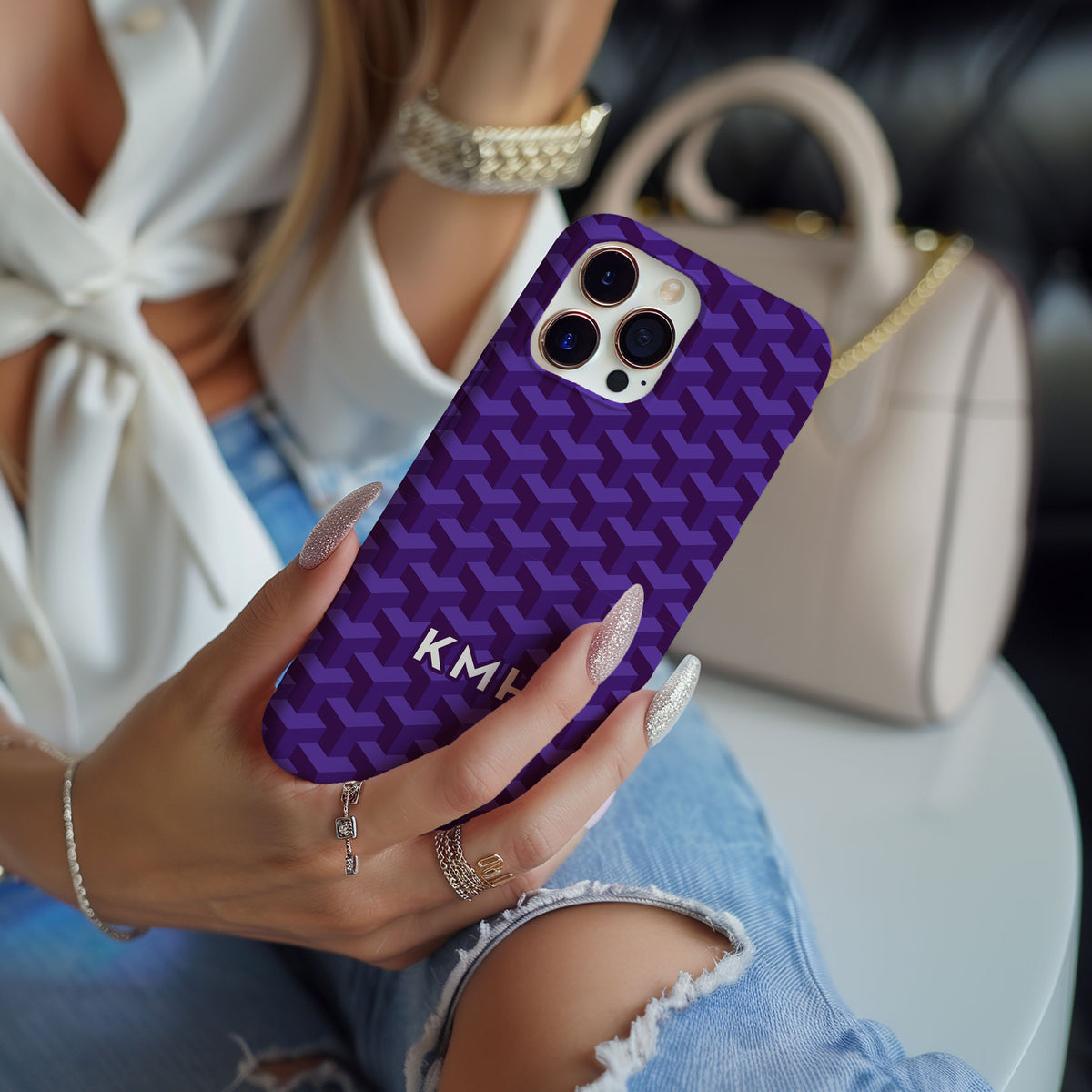 Elegant geometric patterned phone case in lovely LSU-inspired purple for serious Louisiana fans.