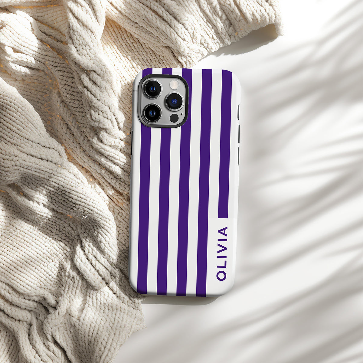 Our classic stripes phone case in LSU-inspired purple and white.