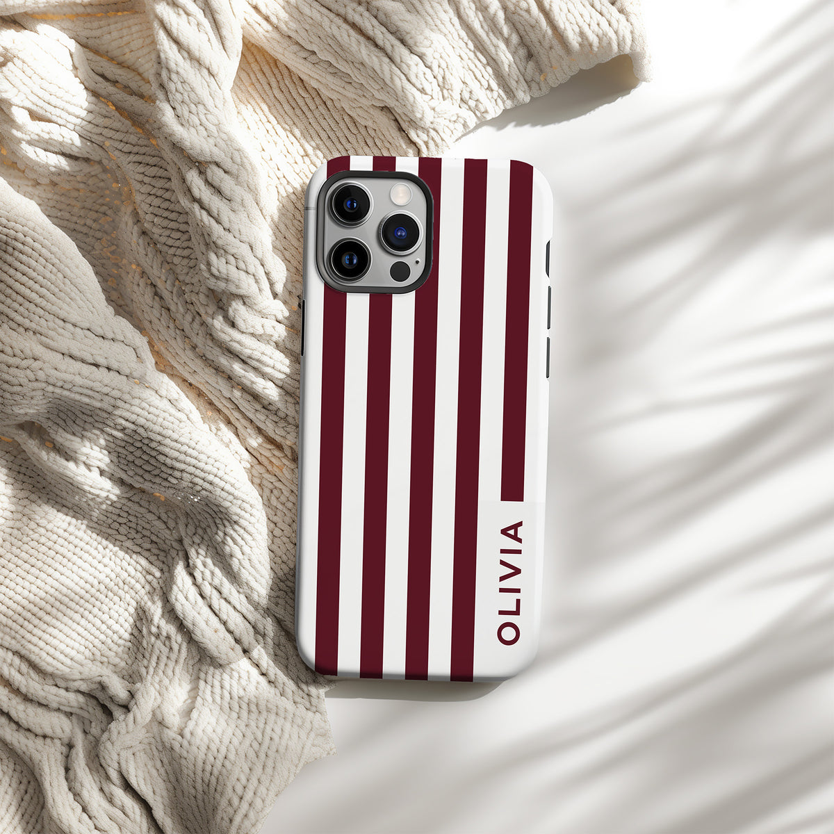 Personalizable maroon and white wide striped phone case for Bulldog fans – a fun, classic preppy design that adds timeless style and a personal touch to your pride!