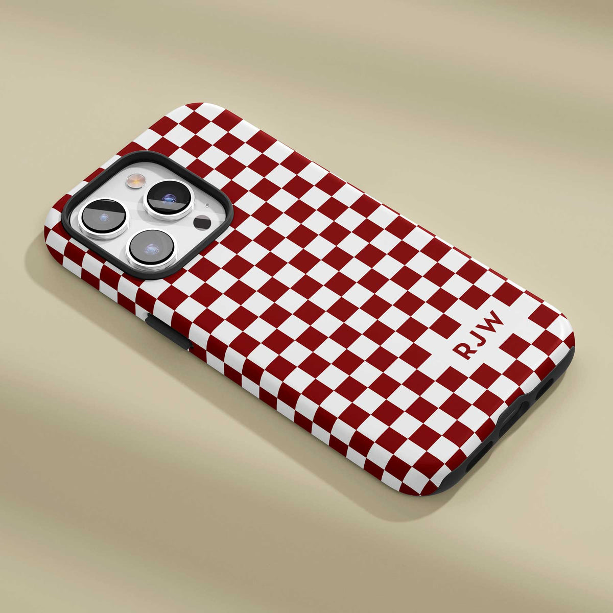 Personalizable maroon and white checkered phone case for Oklahoma fans – add your name or initials for a unique accessory that shows off your team spirit!