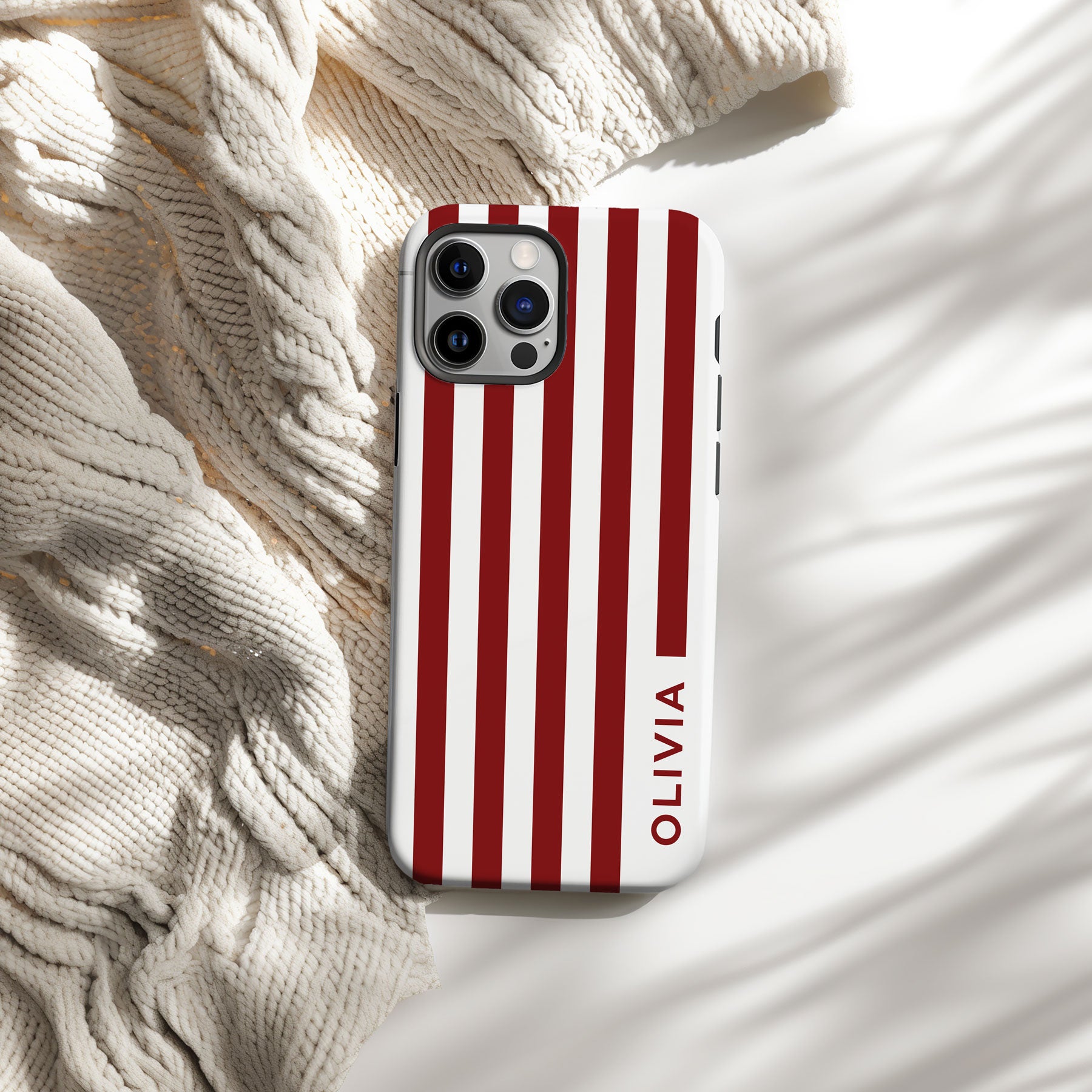 Personalizable maroon and white wide striped phone case for Oklahoma fans – a fun, classic preppy design that adds timeless style and a personal touch to your team spirit!