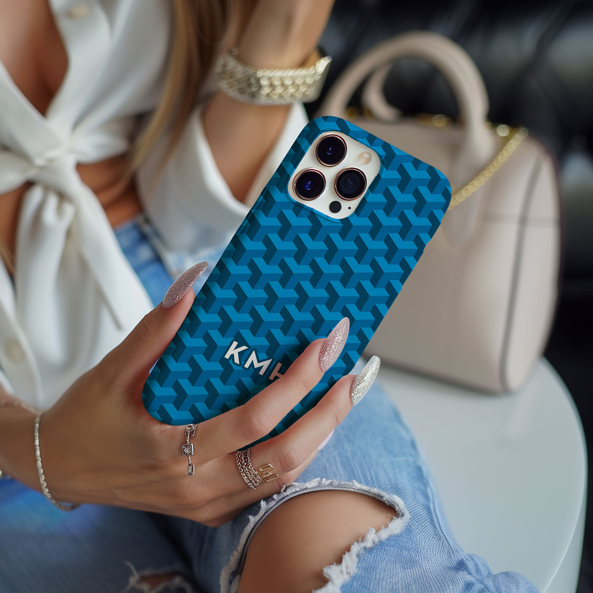 Stunning Phone Case in Oxford Blue in our Chevron Petit pattern