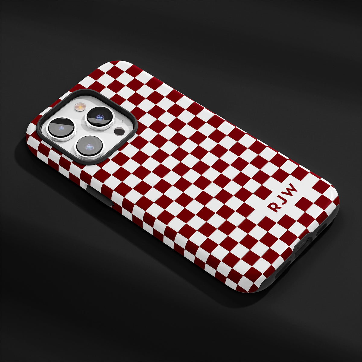 Personalizable red and white checkered phone case for University of South Carolina fans – add your name or initials for a unique Gamecock spirit accessory!