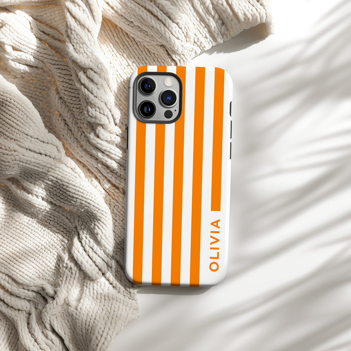 Personalizable orange and white wide striped phone case for Tennessee fans – a fun, classic preppy design that adds timeless style and a personalized touch to your Volunteer spirit!